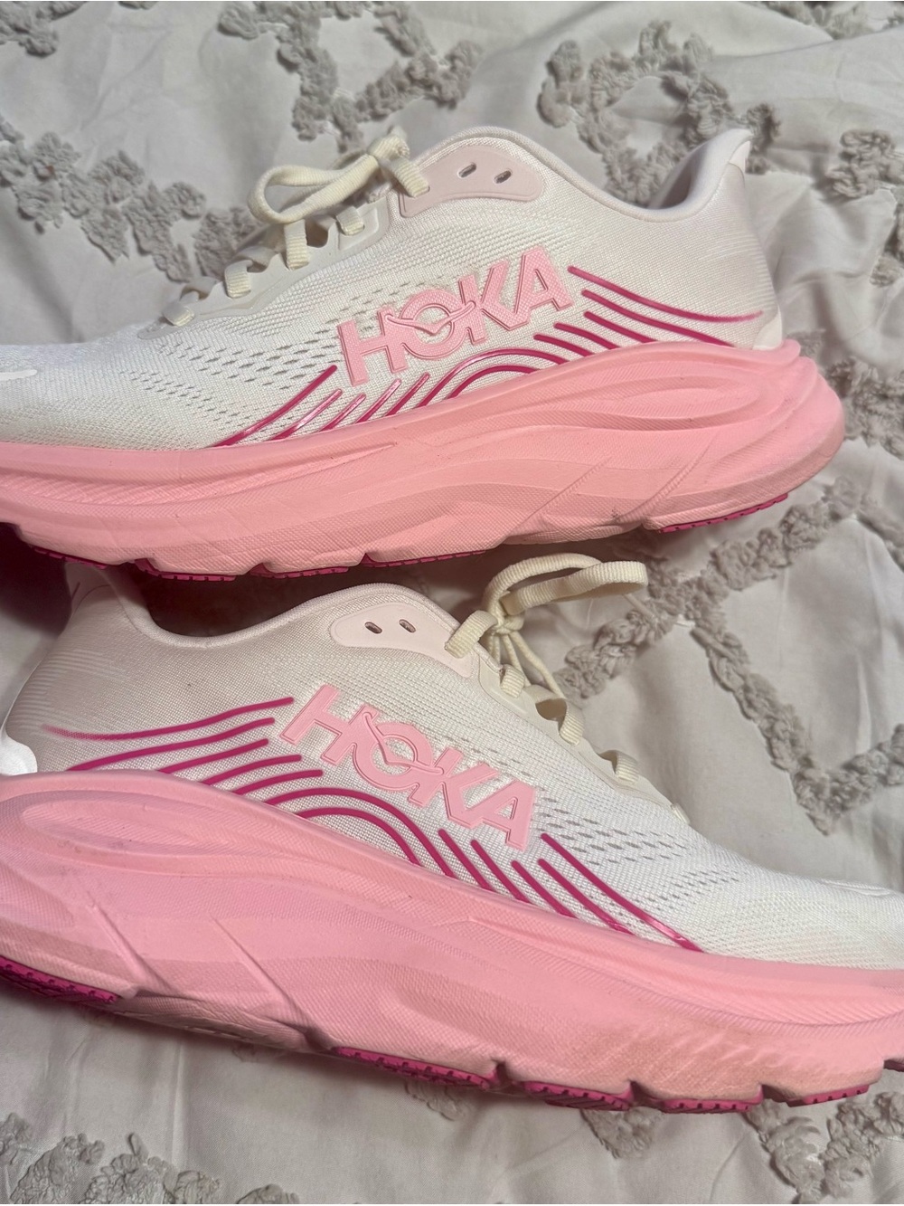Hoka Women's Running Shoes in White and Pink